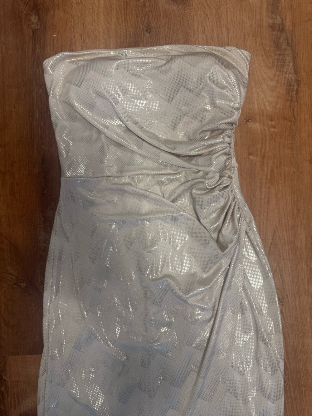 bebe Strapless Silver Shimmer Ruched Cocktail Dress - Picture 3 of 8